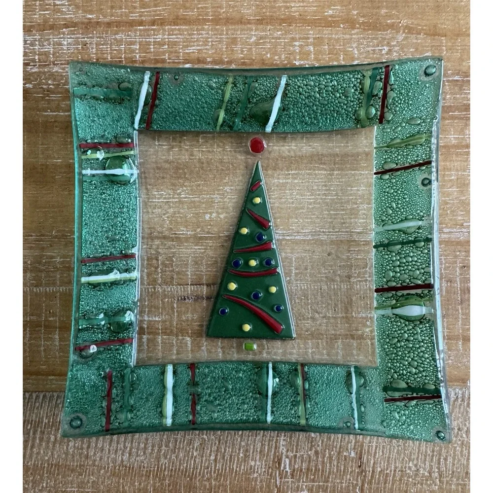 Set Of 3 Gorham Fused Glass Christmas Tree Square 6